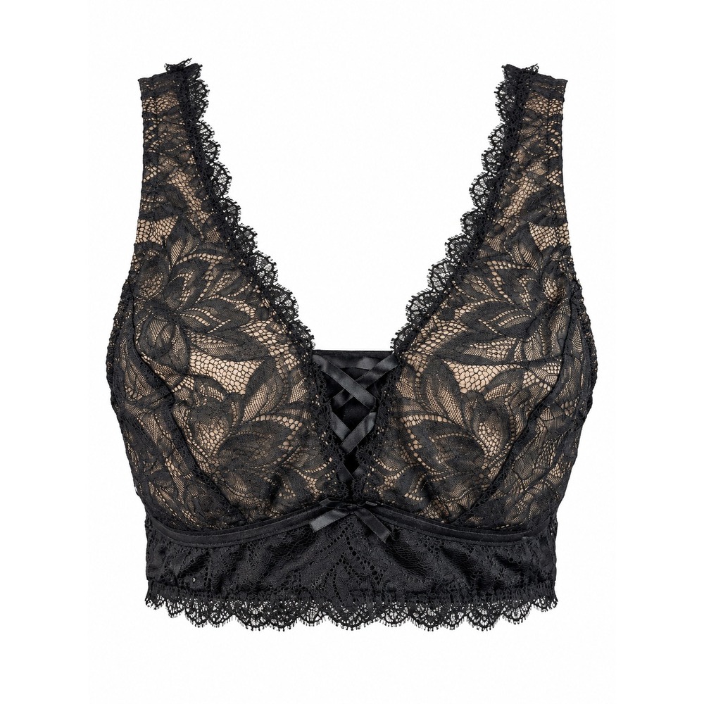 Adore Me 1X Black Lace Bralette Floral Lace Longline Bra